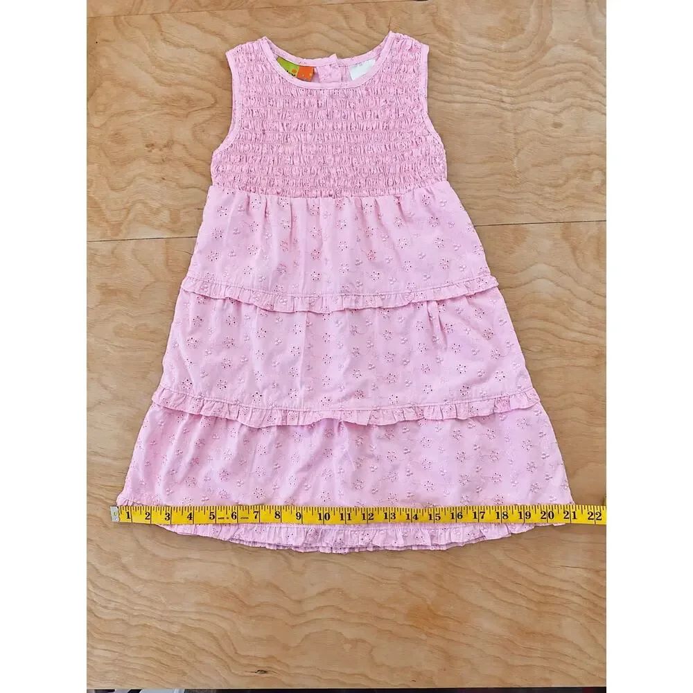 Penelope Mack Girls Size 5 Pink Eyelet Smocked Tiered Ruffle Dress Embroidered